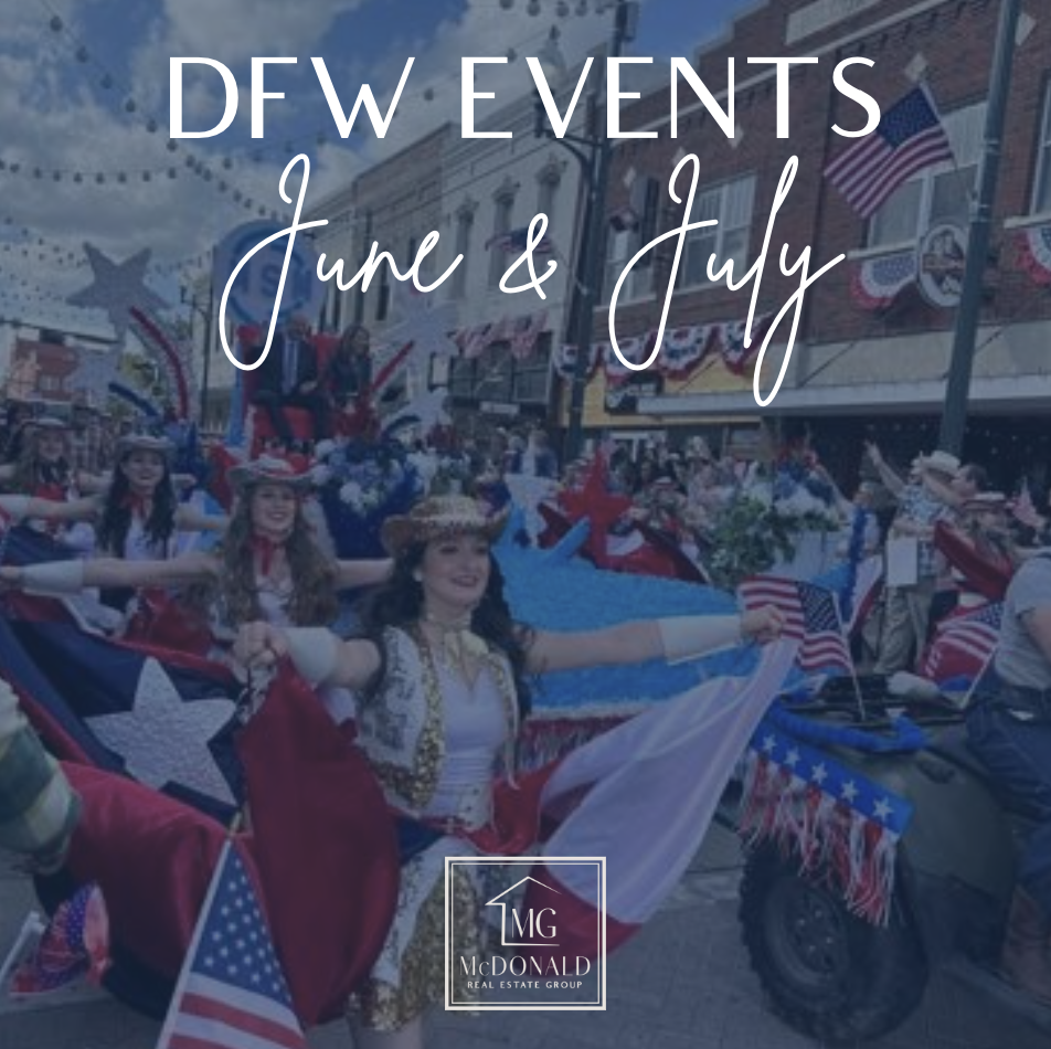 picture of parade with text over it that says dfw events june 7 july
